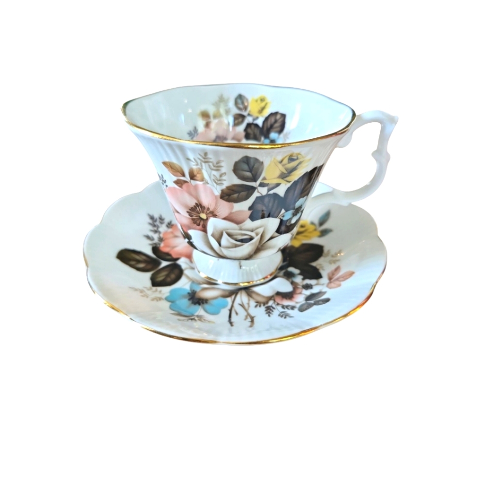 Royal Albert Floral Teacup and Saucer Set - Pink, Blue, Gold